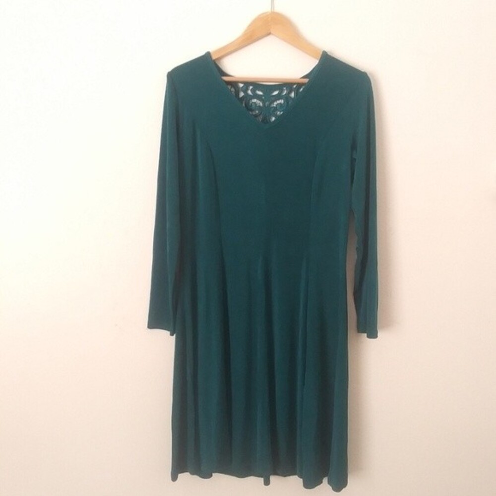 Emerald Green Fit & Flare Dress with Lace Inset Back, Size Large Slinky Knit